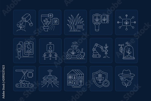 Editable stock line icons illustrating precision agriculture and smart farming technologies