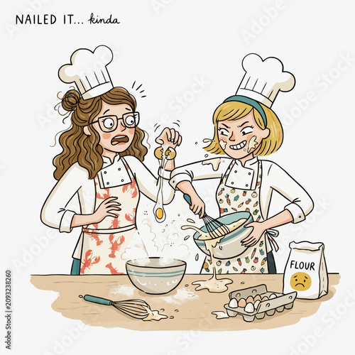 Two young women chefs having trouble baking in professional kitchen.