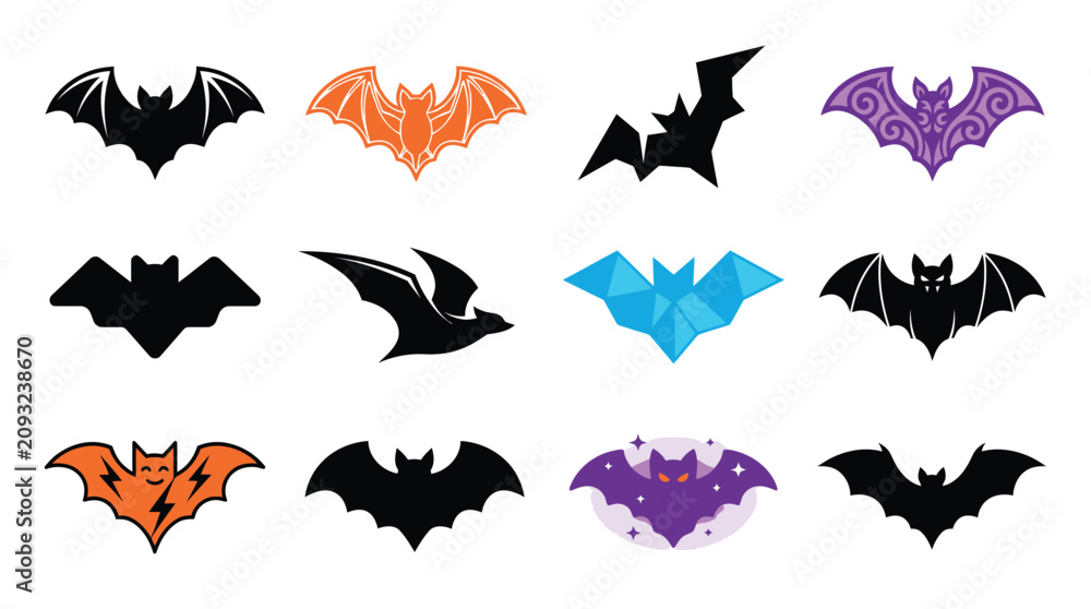 Fototapeta premium Colorful Halloween Bat Vector Collection – Flying Bat Icons, Stickers, Logos and Geometric Bat Set, Halloween Bat Sticker and Logo Collection with Colorful Flying Bat Vector Pack, 
