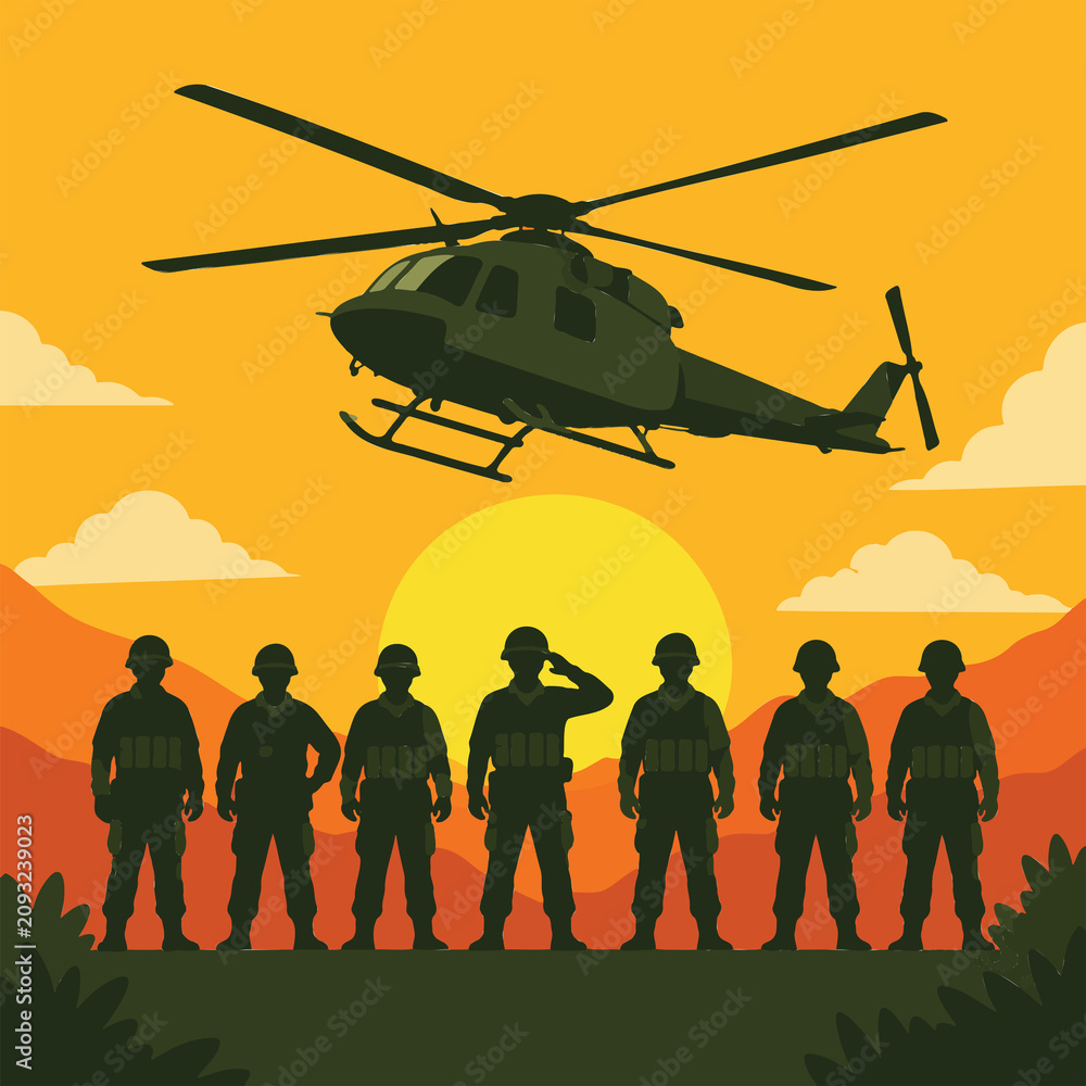 Fototapeta premium military soldiers silhouette and helicopter at sunset background