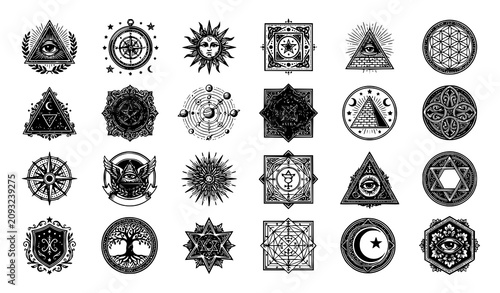 Cuadro en lienzo Esoteric symbol vector bundle with all seeing eye pyramid and geometric emblem c