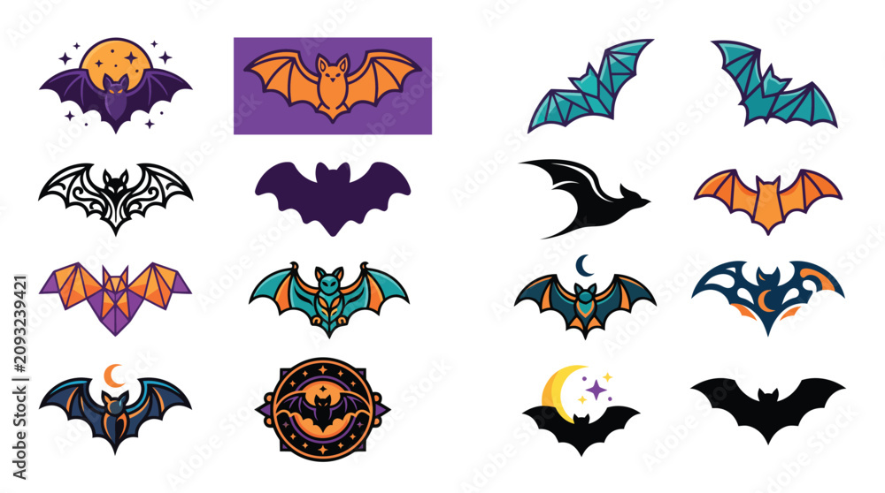 Fototapeta premium Colorful Halloween Bat Vector Collection – Flying Bat Icons, Stickers, Logos and Geometric Bat Set, Halloween Bat Sticker and Logo Collection with Colorful Flying Bat Vector Pack, 
