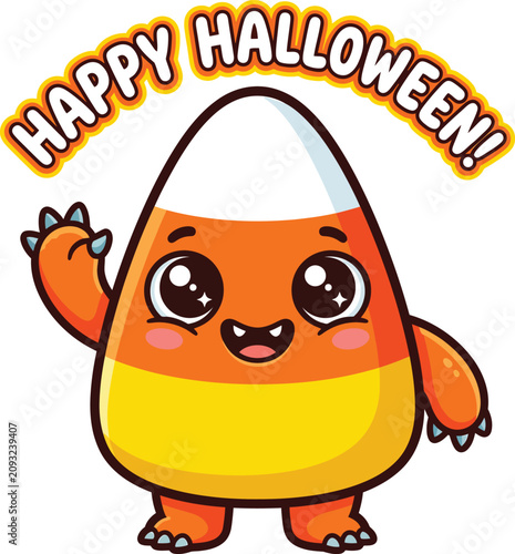 Cute cartoon candy corn character waving hands with Happy Halloween typography vector illustration
