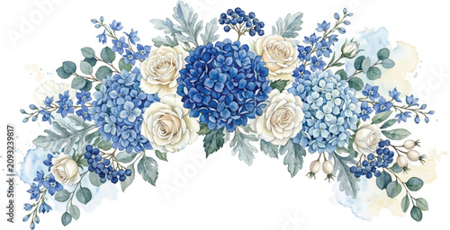 watercolor blue hydrangea and white roses floral bouquet arrangement