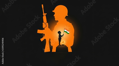 Tribute to indian soldier with child holding national flag