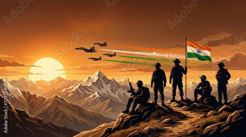 Indian military forces celebrating patriotism on a mountain peak at sunset