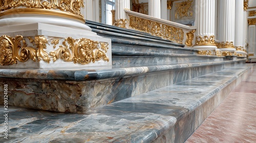 Luxurious marble staircase with ornate golden details in an elegant palace interior.