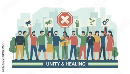Group of diverse people protesting peacefully for unity and healing while holding signs and standing against a city skyline.