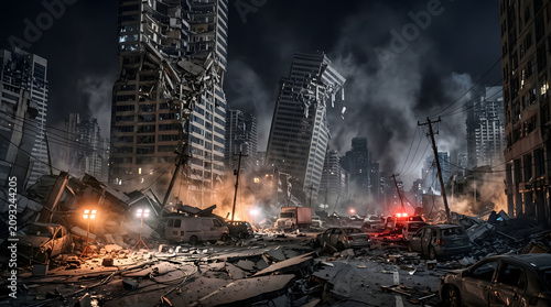 Destroyed city skyscrapers after a major disaster at night