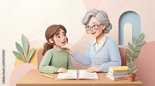 A warm illustration depicts a grandmother tenderly guiding her granddaughter in a learning session, fostering a connection between generations through shared knowledge.