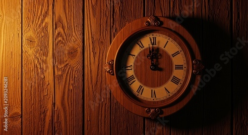 Round clock hanging on a wooden wall, illuminated by dim light