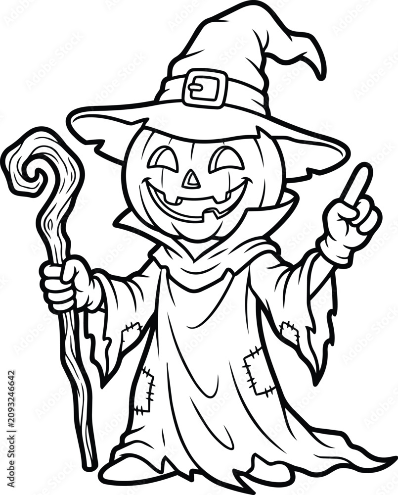 Fototapeta premium Halloween Pumpkin Wizard Line Art Vector Illustration