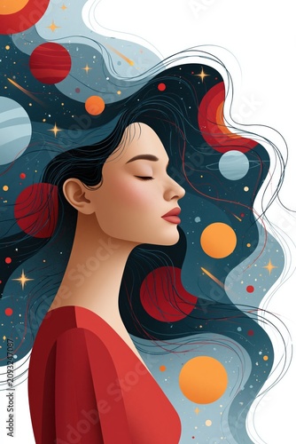 Serene profile portrait of a woman with starry hair and floating planets for poster background and wallpaper design