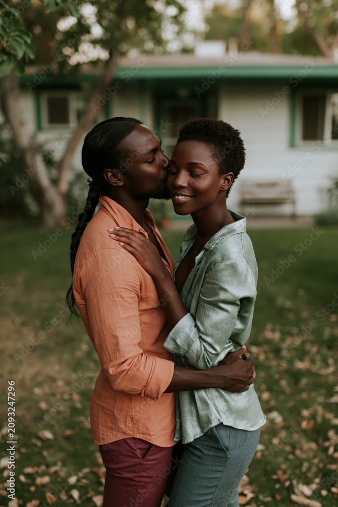 Fototapeta premium Man kissing partner on the cheek in a garden for intimate romantic portrait and lifestyle banner