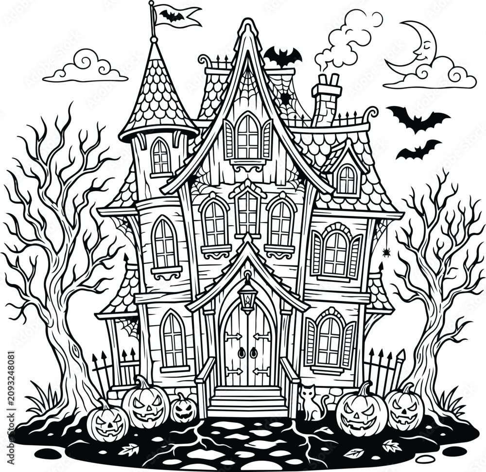 Fototapeta premium Haunted House Coloring Page for Halloween Line Art Illustration
