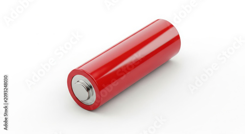 A single vibrant red AA battery lies horizontally on a clean white background, ready to power various electronic devices and provide essential energy for everyday use.