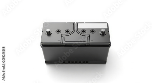 A modern 12V car battery for automotive vehicles, featuring clearly marked positive and negative terminals, rendered in 3D, providing essential power.