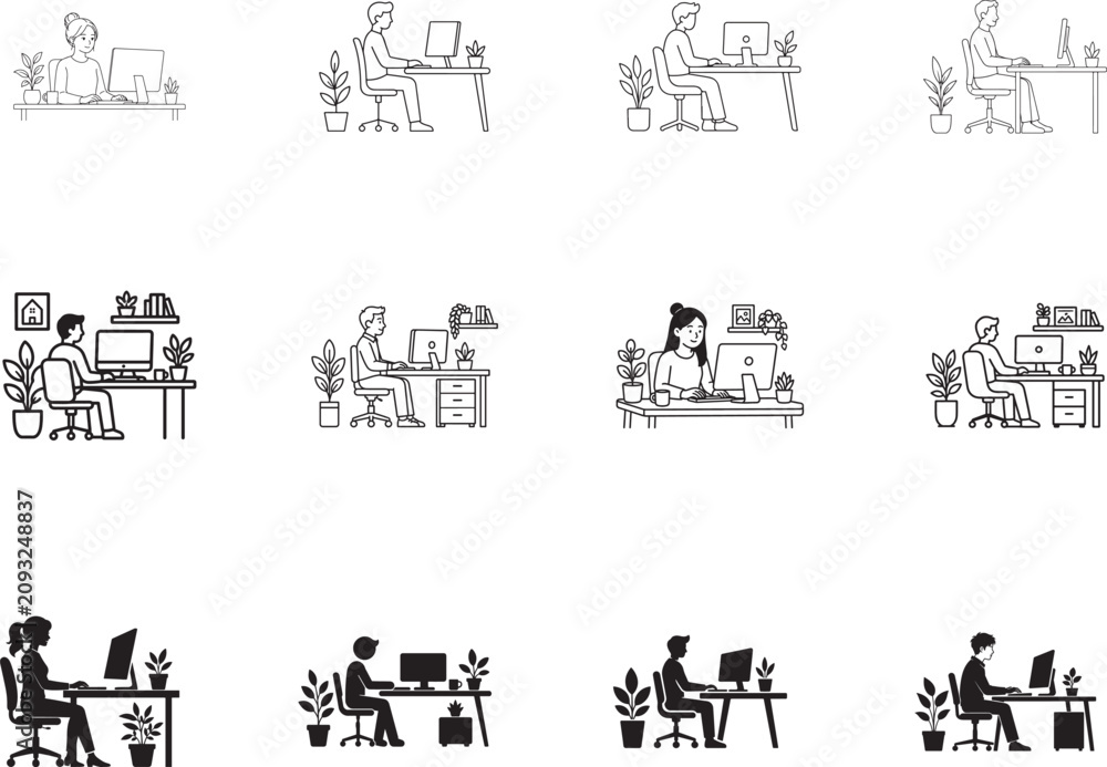 Obraz premium Minimalist home office icons with person, desk, computer and plants for remote work and productivity.