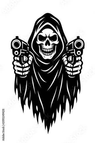 Grim Reaper Holding Dual Pistols Black and White Vector Illustration