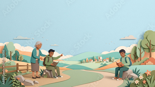 A heartwarming paper-cut art scene depicts an elderly woman and two young individuals enjoying a picturesque countryside landscape, evoking a sense of community and intergenerational connection.