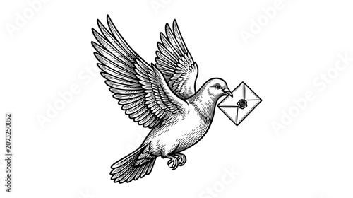 Schilderij op canvas Dove Bird Carrying Envelope, Messenger Pigeon, Communication Symbol, Vintage Ill