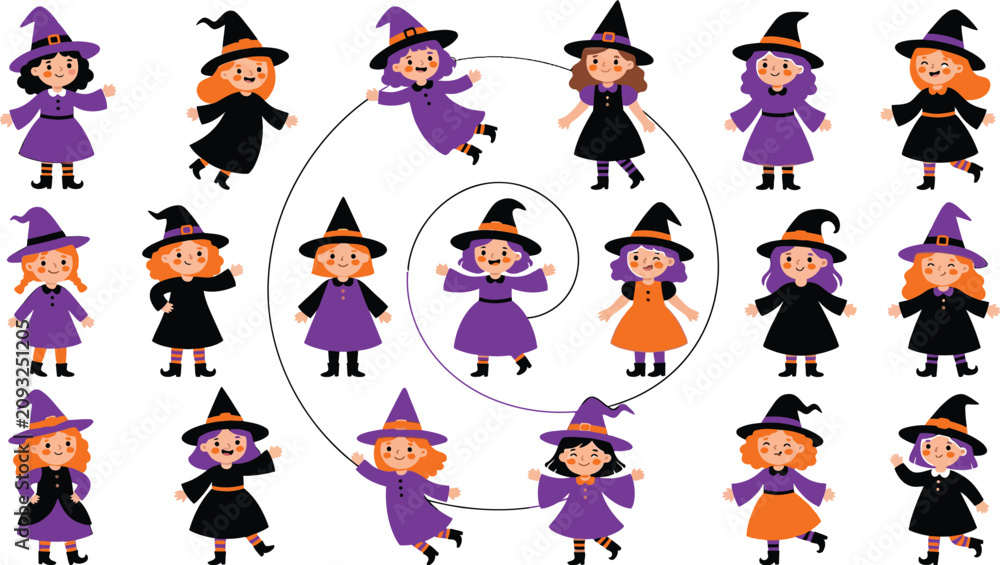 Obraz premium Halloween witches for kids cartoon witch girls in black and purple costumes