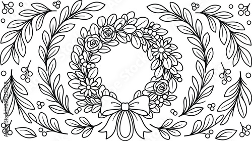 Schilderij op canvas A exquisite circular floral wreath sketch featuring delicate roses and leaves designed for coloring activity
