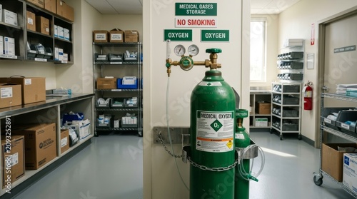 Industrial storage room with oxygen tanks.
