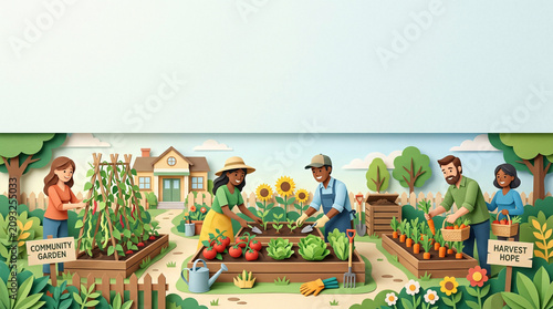 Diverse people are tending to a vibrant community garden, harvesting fresh produce and fostering a sense of togetherness and sustainability.