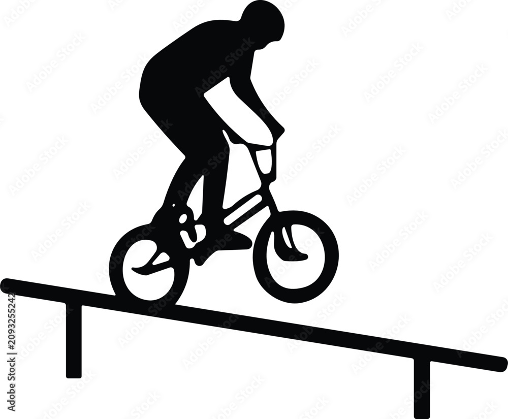 Obraz premium Silhouette of a BMX freestyle cyclist performing a grind trick on a rail for extreme sports design