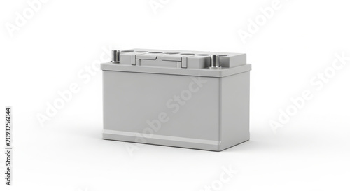 A clean 3D rendered automotive car battery, featuring top terminals and vent caps, providing essential power for vehicle starting and electrical systems.