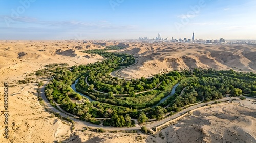 Scenic green valley of Wadi Hanifa cutting through desert landscape in Riyadh at morning