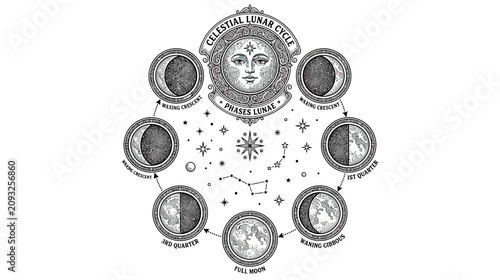 фотографія Celestial Lunar Cycle Phases Diagram - Full Moon to New Moon