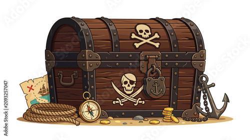 Fotografi Pirate Treasure Chest with Gold Coins, Map, Compass, and Anchor on Sandy Beach