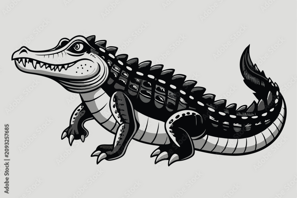 Fototapeta premium Stylized black and white alligator vector illustration on a light gray background