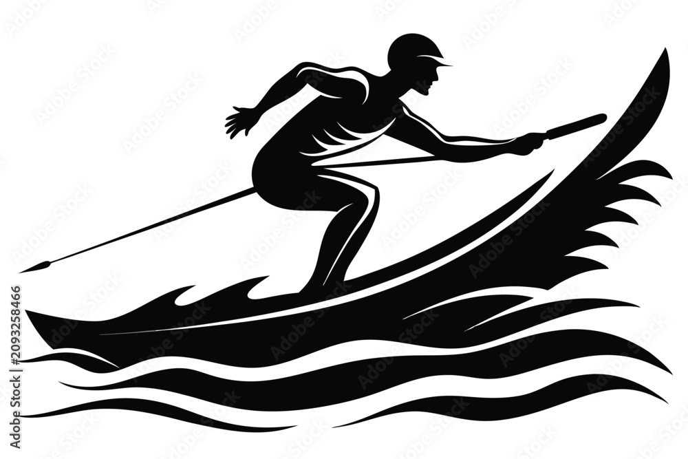 Fototapeta premium Silhouette of a rowing athlete competing on the water with boat and spear