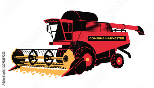 Obraz na płótnie Very beautiful realistic vector illustration of a combine harvester harvesting golden grain with a bold label reading COMBINE HARVESTER, isolated on white background