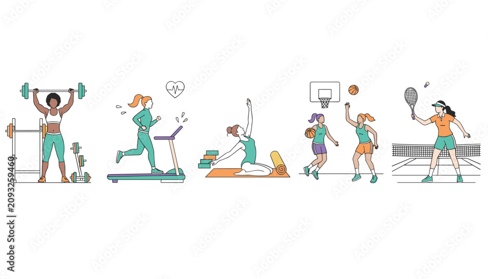 Fototapeta premium Five active cartoon women demonstrating various fitness exercises and sports including weightlifting, running, yoga, and tennis.