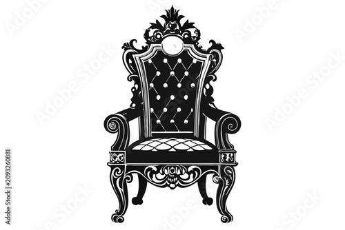 Elegant black and white vector illustration of a detailed antique throne chair isolated