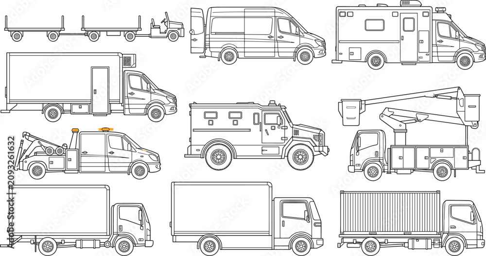 Obraz premium Set of commercial utility vehicle line art illustrations including trucks van ambulance armored car and tow truck