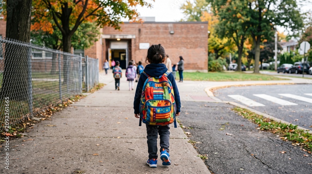 Obraz premium Young child with colorful backpack walks towards school entrance in autumn