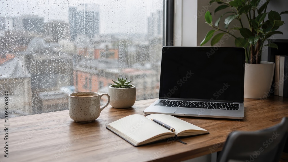 Obraz premium Cozy home workspace with laptop, open notebook, pen, coffee mug and succulent on a wooden desk by a rainy city window