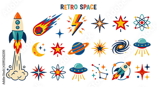 Fotografía Retro Space Rocket, Planets, Stars and UFOs - Vintage Cartoon Style Vector Icons