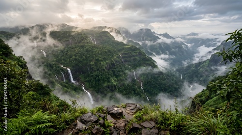Monsoon Magic: Breathtaking Sunrise Overlook of Countless Waterfalls Cascading Through Mist-Shrouded Ridges in the Western Ghats