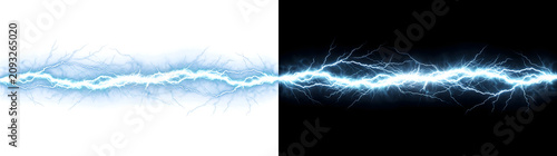 Canvastavla Horizontal electric lightning bolt with branching blue energy veins for storm an