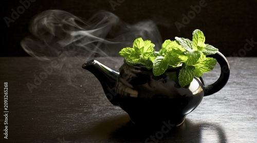 teapot. Asian teapot with fresh mint leaves, ceramic craftsmanship, steaming warmth under soft lighting. bar promotions, beverage menus, designed for product packaging and bar promotions.