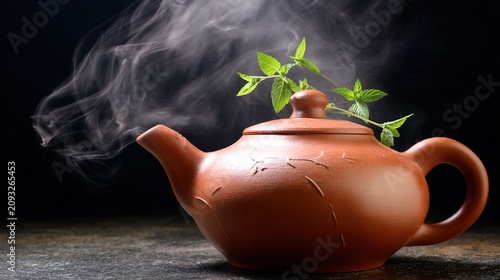 teapot. Asian teapot with fresh mint leaves, ceramic craftsmanship, steaming warmth under soft lighting. bar promotions, beverage menus, designed for product packaging and bar promotions.