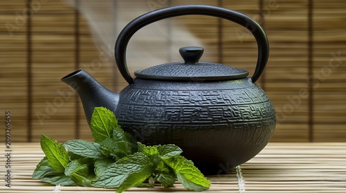 teapot. Asian teapot with fresh mint leaves, ceramic craftsmanship, steaming warmth under soft lighting. bar promotions, beverage menus, designed for product packaging and bar promotions.