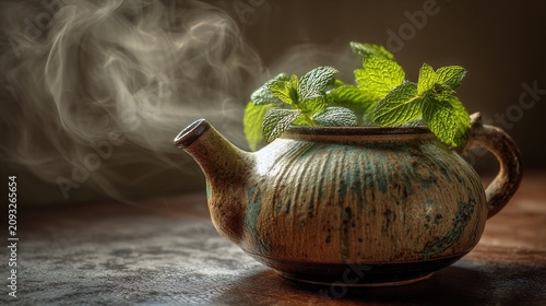 teapot. Asian teapot with fresh mint leaves, ceramic craftsmanship, steaming warmth under soft lighting. bar promotions, beverage menus, designed for product packaging and bar promotions.