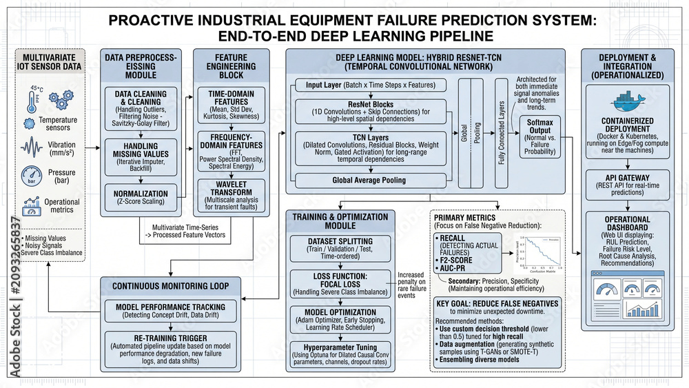 Fototapeta premium Proactive industrial equipment failure prediction system end to end deep learning pipeline with multivariate IoT sensor data and hybrid ResNet TCN model for real time monitoring